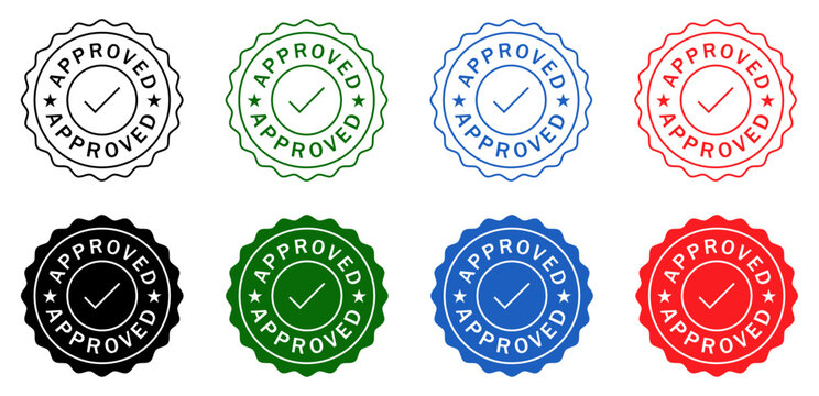 Approved badge stamp icons with checkmark for approval, verification, quality, certification, trust and guarantee.