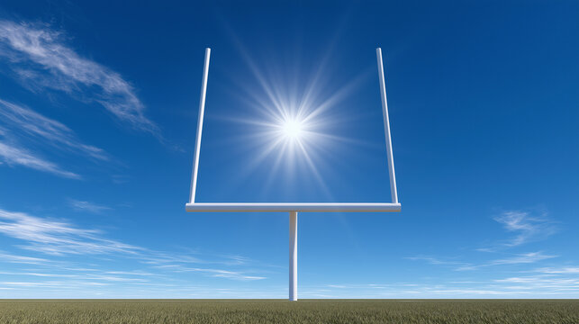 American football goal post with sun shining against a blue sky  