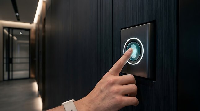 A person pressing a modern digital smart home wall switch in a luxury apartment hallway.