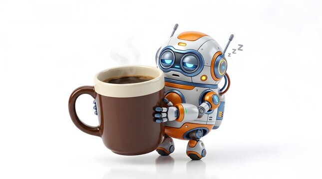 A cute, small robot with orange and white plating holding a large brown mug of steaming hot coffee while looking sleepy and tired