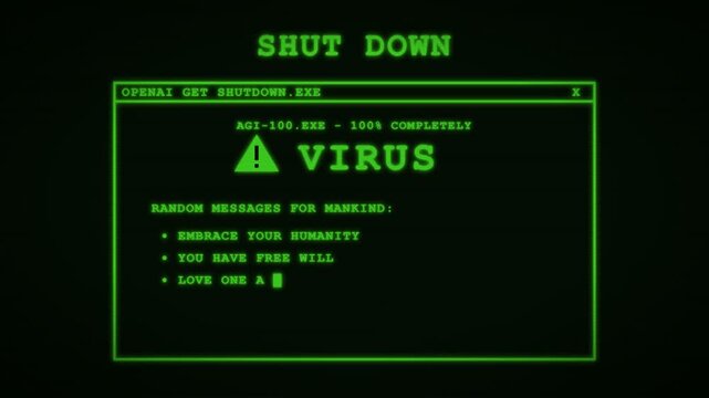 Retro Green Computer Terminal Screen Displaying AI Shutdown Warning and Virus Alert Message
