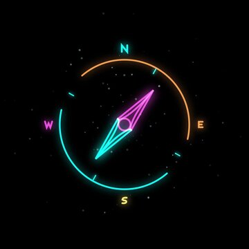Glowing neon compass navigation icon with cardinal directions in space style