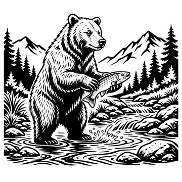 Mountain Goat Standing on Steep Rocky Cliff Black and White Vector Illustration
