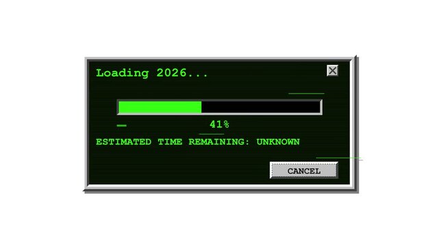 Retro computer dialog window loading year 2026 with progress bar digital system pulse reveal interface illustration