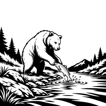 Sheep Walking Through Countryside Meadow Black and White Vector Illustration