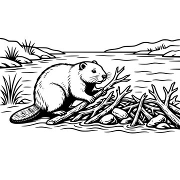 Kangaroo Carrying Joey Hopping Across Australian Grassland Black and White Vector Illustration