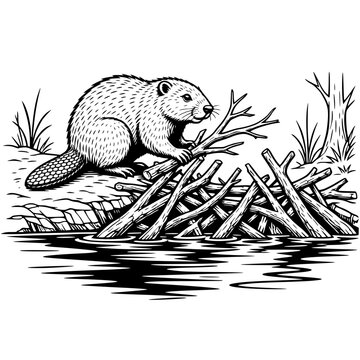Panda Sitting on Ground Breaking Bamboo Stalks Black and White Vector Illustration