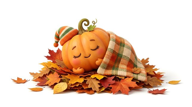 Cute cartoon pumpkin character with a sleeping face, wearing a striped nightcap and tucked under a plaid blanket in a pile of autumn leaves