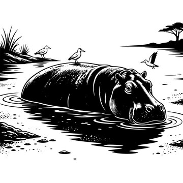 Dolphin Leaping Through Curling Ocean Wave Black and White Vector Illustration