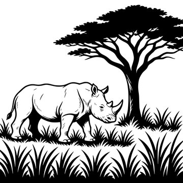Chameleon Climbing Along Twisted Tropical Branch Black and White Vector Illustration