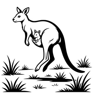 Moose Standing Beside Misty Mountain Lake with Pine Trees Black and White Vector Illustration