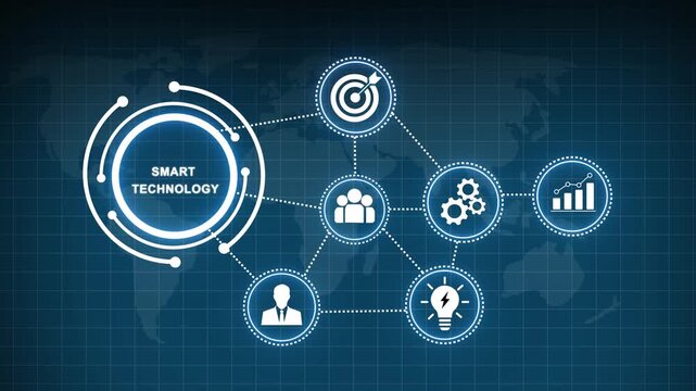 Smart technology digital network infographic featuring interconnected business global data connectivity, corporate strategy symbols, and futuristic cyber communication interface for modern enterprise
