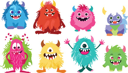 Naklejka premium Cute and Colorful Fluffy Monster Cartoon Character Vector Set Featuring Friendly Alien Creatures and Beasts for Children Graphic Layout Designs