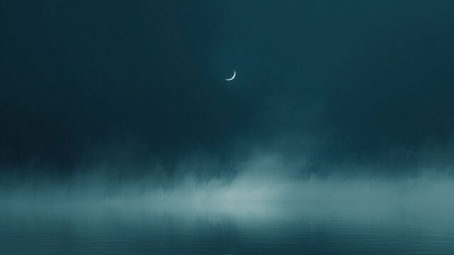 Mystic Crescent Moon Over Foggy Lake Waters