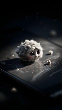 Adorables criaturas de pelusa de polvo con ojos grandes en una superficie oscura bajo un haz de luz