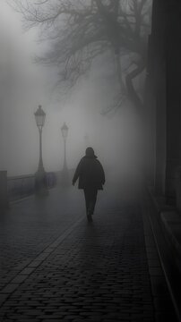Silueta de persona caminando sola por una calle urbana empedrada en un d&iacute;a de intensa niebla