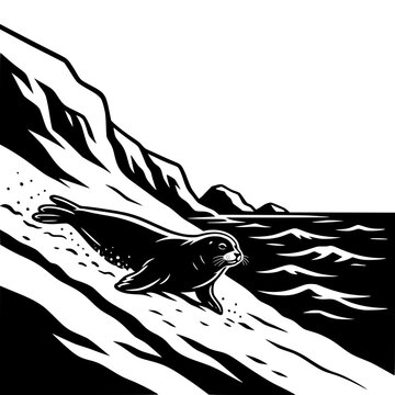 Full Seal Sliding Down Snowy Ice Slope Black and White Vector SVG