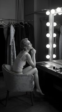 Actriz pensativa sentada frente a un espejo con luces en el camerino de un teatro antes del espect&aacute;culo