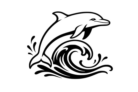 Full Dolphin Leaping Through Curling Ocean Wave Black and White Vector SVG