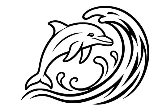 Full Dolphin Leaping Through Curling Ocean Wave Black and White Vector SVG
