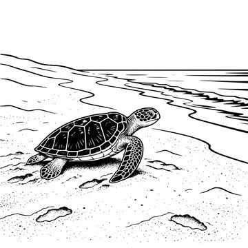 Full Sea Turtle Crawling from Beach Toward Water Black and White Vector SVG