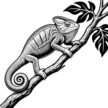 Full Chameleon Climbing Twisted Tropical Branch Black and White Vector SVG