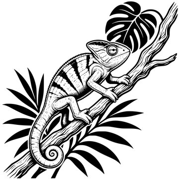 Full Chameleon Climbing Twisted Tropical Branch Black and White Vector SVG