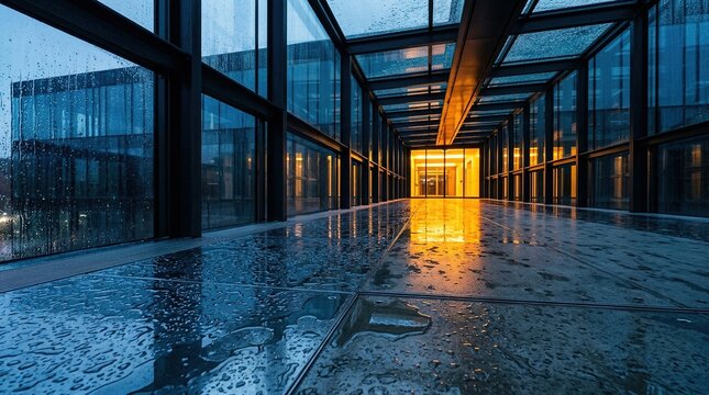 Modern glass corridor walkway with rain droplets on windows reflecting warm yellow indoor lights during evening time for architectural design and travel concepts.