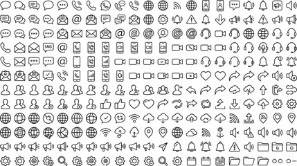 Fototapeta premium Large set of communication, social media, and interface icons including chat, phone, email, and network symbols