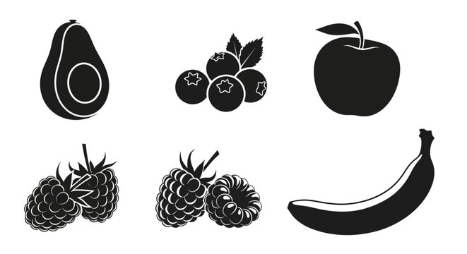 Black and white vector silhouettes of fresh fruits with displays black fruits berries illustration raspberry blueberry nutrition superfood with tropical