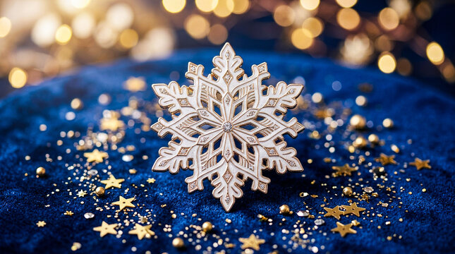 White snowflake ornament with golden stars on dark blue velvet background symbolizing winter holidays Christmas season and festive celebrations.