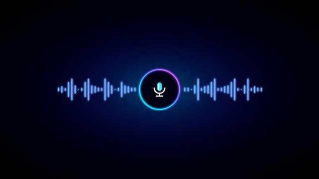 Neon Microphone Icon with Digital Audio Spectrum Waveform Pulsing on Dark Blue AI Interface