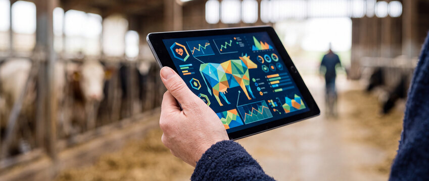 Farmer using tablet for livestock data analytics in dairy barn with smart farming technology