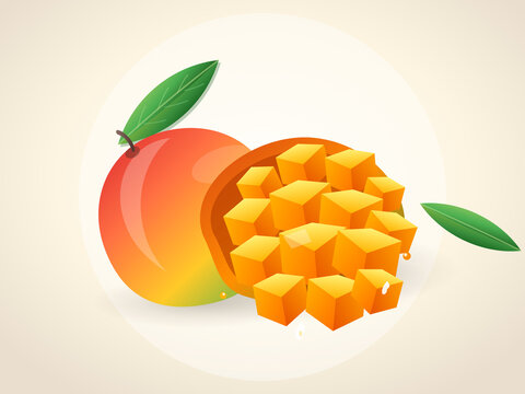 Ripe mango fruit with sliced cubes and green leaves on