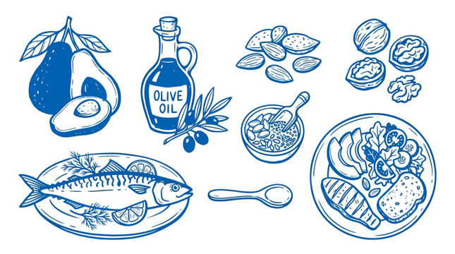 Set of hand drawn blue food illustrations featuring healthy ingredients like avocado olive oil fish and nuts.