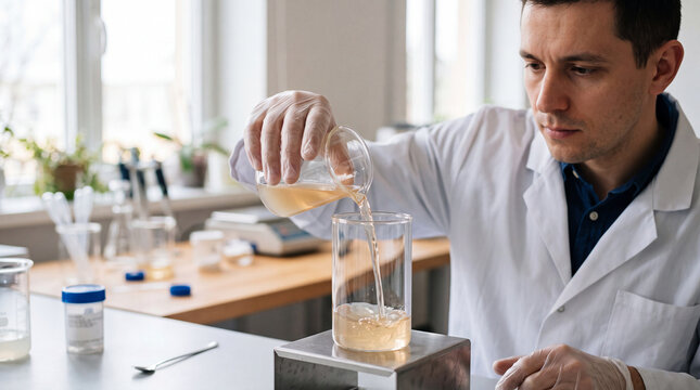 Laboratory scientist pouring liquid sample into beaker during chemical analysis and quality control test