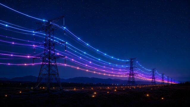 Glowing transmission towers conveying digital data and energy across a dark landscape under a starry night sky