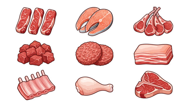 Delicious raw meat collection featuring beef steak salmon fillets lamb chops and fresh pork ribs