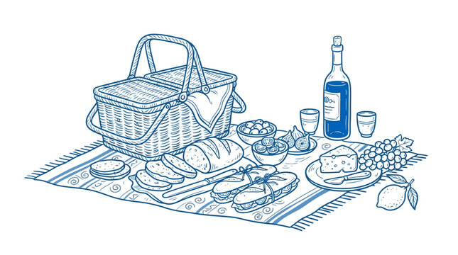 Hand drawn illustration of a picnic basket with bread cheese wine and fruit on a blanket.