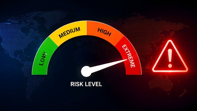 Extreme risk level gauge indicator with glowing red warning triangle against a digital world map background