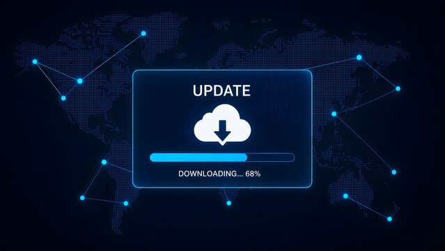 Digital interface showing cloud download and software update progress bar over a global network map background