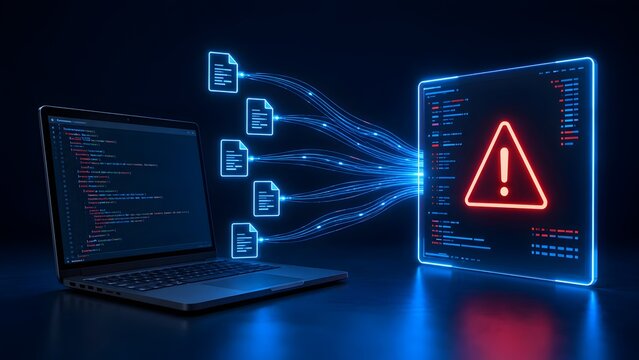 Digital files being transferred from a laptop to a glowing red warning sign representing data breach and cyber attack
