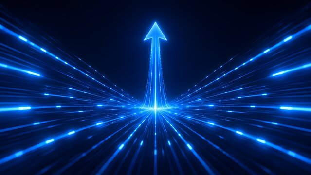 Glowing blue digital arrow soaring upwards through a futuristic light tunnel representing technological growth and fast data transfer
