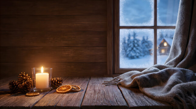 Cozy Winter Window View Candlelit Warm Blanket Dried Orange Pine Cone
