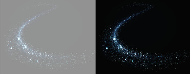 Abstract glowing blue particle motion trail isolated on black and grey. Blue stardust wave swirl with sparkling particles. Glowing blue magic dust curved stream graphic resource © Star_Studio