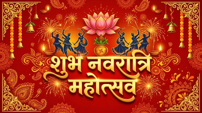 Navratri kalash puja background. Happy Navratri mahotsav text with puja kalash.