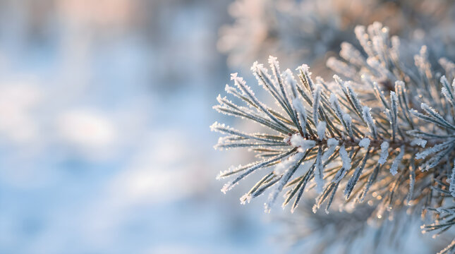Frost-covered pine branch close-up in soft winter morning light