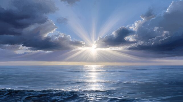 A dramatic sunrise breaks through dark clouds over a calm, expansive ocean with gentle waves, creating a serene and breathtaking seascape.