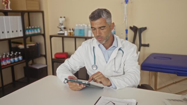 Man doctor with stethoscope tapping tablet at desk beside crutches and blue exam table with shelves of bottles in building; calm caring.
