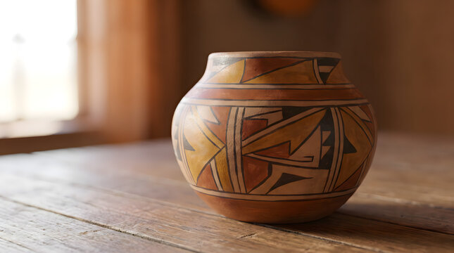 Handcrafted Clay Pottery Vase with Geometric Tribal Pattern on Wood Table